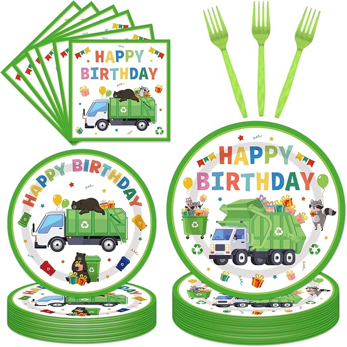 96PCS Garbage Trash Truck Plates and Napkins Party Supplies Trash Truck Birthday Party Decorations Waste Management Recycling Rubbish Truck Themed Disposable Tableware Set Serve 24 Guests