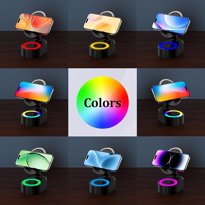 Wireless Induction Audio Bluetooth Speaker 5in1 Phone Holder Emergency Rechargeable (3000mAh) with Colorful Ambient Light 300° Foldable for Tablet iPhone Android, Gifts for Men Women (Black)