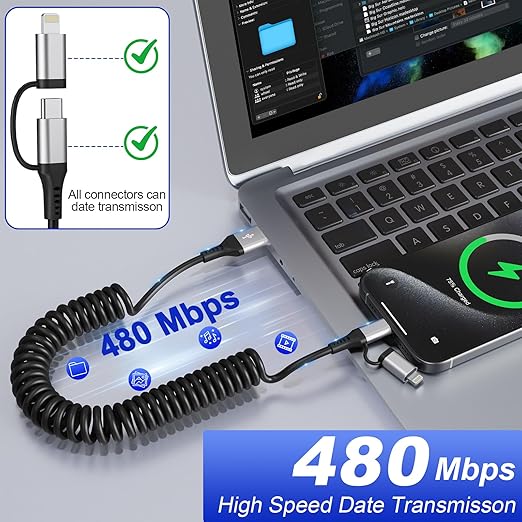 USB to USB-C and Lightning Cable Combo, 2 in 1 Coiled iPhone Charger Cable Apple Carplay & Android Auto, [MFi & 3A Fast Charge] Retractable Lightning and USB C Cable Cord for iPhone 16/15/14/Android