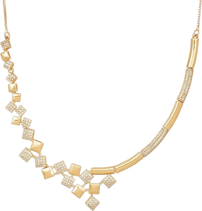 Nilu's Collection American Diamond Stone Studded | Rose Gold/Silver Plated | Anti Tarnish Jewellery Set for Women | Matching Earrings Perfect for Weddings and Special Occasions