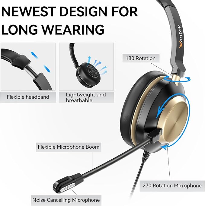 Wantek USB Headset with Microphone, Type-c/USB/3.5mm Jack 3-in-1 PC Headset, Wired & Noise Cancelling Headphone with Volume Control for Call Centers, Skype, Zoom, Home Office, 0nline Courses