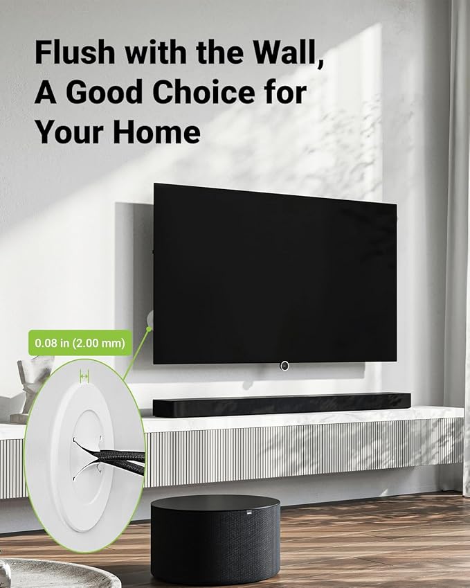 in Wall Cable Management Kit, Slim TV Wire Hider Kit for Wall Mounted TV, 2 Pcs Pass Through with Hole Saw for Network, HDMI, Speaker Cables, Coaxial, White