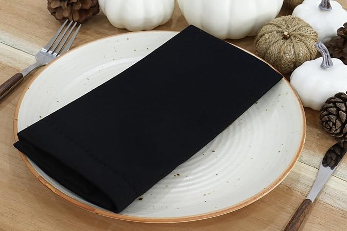 PurpleEssences Set of 12 Hemstitch Cloth Dinner Napkins 100% Cotton - Soft Durable Washable - Ideal for Wedding Christmas Holiday Winter - Perfect Everyday Use Table Linen 18x18 - Black