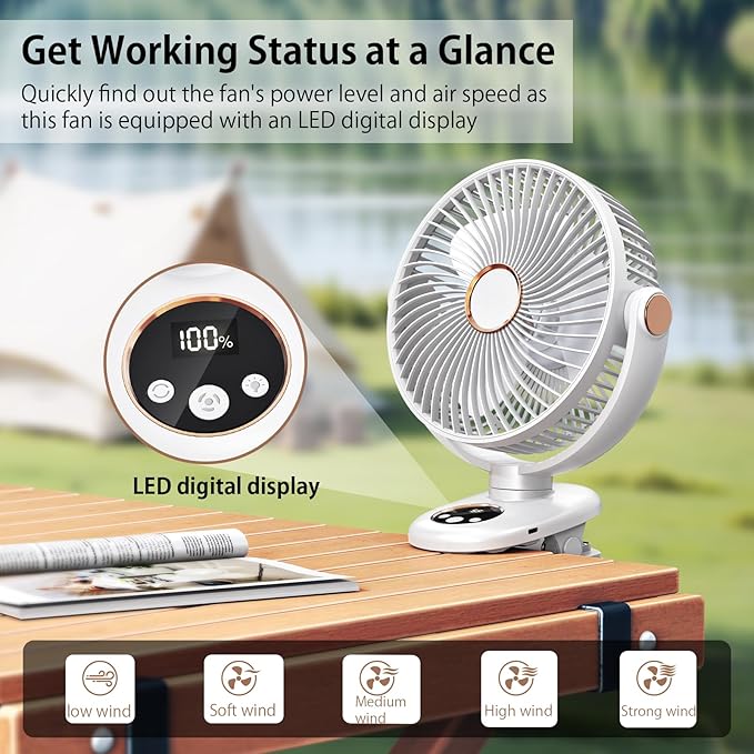 iNeibo 10000mAh Portable Clip on Fan, 90° Oscillating Fan, 8 Inch Rechargeable Battery Operated Desk Fan, Strong Airflow, 5 Speeds, Sturdy Clamp for Golf Cart Home Office Outdoor Travel (White)