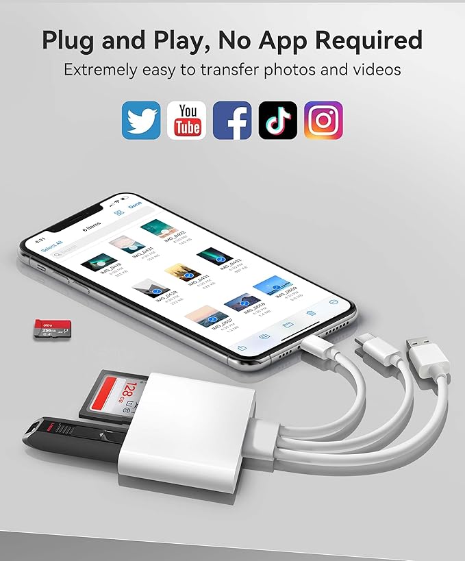 SD Card Reader for iPhone iPad Mac Trail Game Camera Viewer Built-in 3-in-1 Connector (Lightening, USB-C and USB-A) with SD MicroSD USB-A 3 Slots, Portable No App Required Plug & Play - White