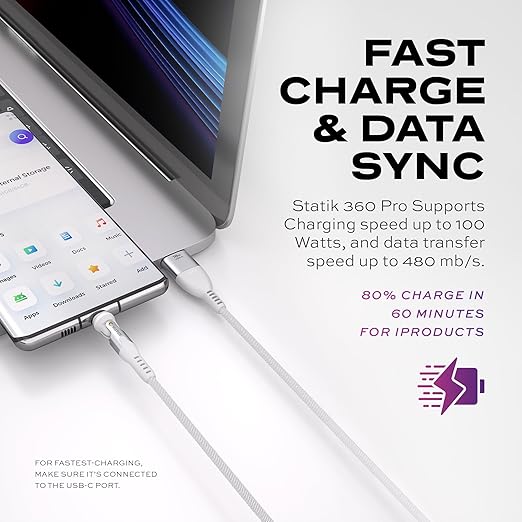 Statik 360 Pro Magnetic Charging Cable - Type C Charger Fast Charging 3 in 1 USB C to USB C Cable, Micro USB & iProduct Tips, USB A Adapter, Compatible w/All Devices - 100W Fast Charger, White 6FT/2M