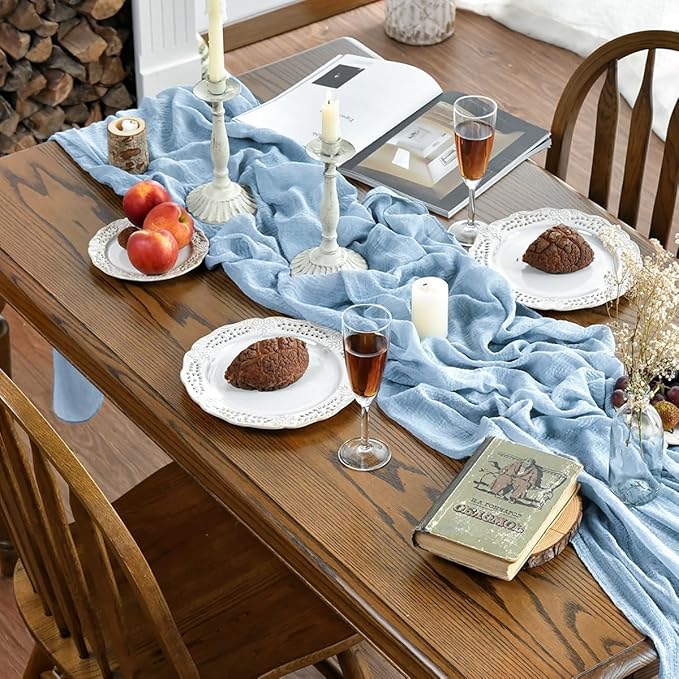 Artoid Mode Boho Cheesecloth Gauze Ice Blue Wedding Table Runner, 120 Inch Seasonal Fabric Kitchen Dining Holiday Table Decor for Home Party Indoor