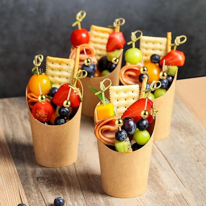 50 Pcs Charcuterie Cups with Skewers, 12 Oz Paper Snack Appetizer Cups with Cocktail Picks, French Fry Holder Brown Kraft, Disposable Popcorn Boxes Cones, Party Board Favor(50 ConeCups + 200 Sticks)
