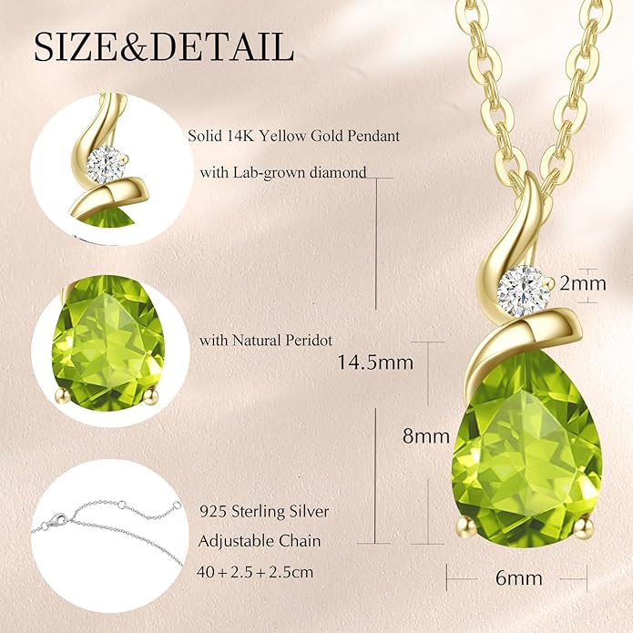 FANCIME 14K Solid Yellow Gold Birthstone Pendant Necklace for Women with Diamond Pear Shaped Teardrop Necklace Birthday Gifts for Mom Women Sterling Silver Chain 16" + 2" Extender