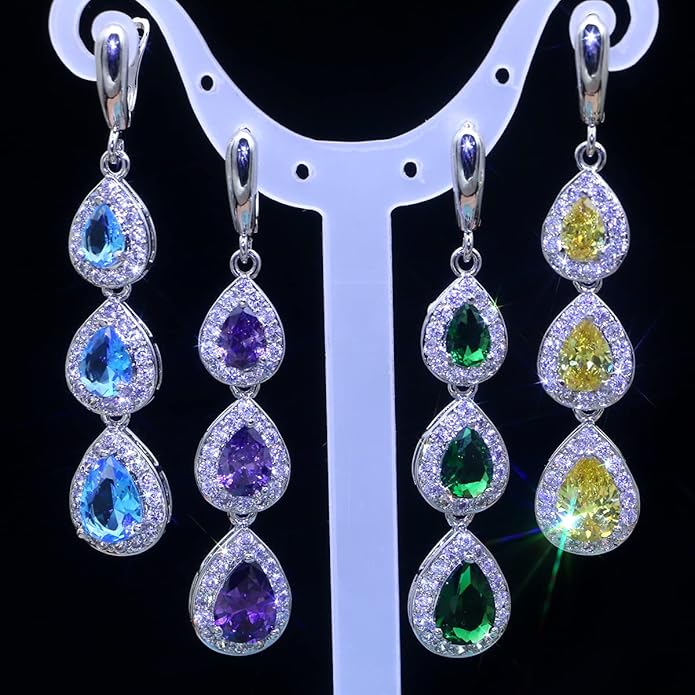 LMXXVJ Necklace Long Earrings Bracelet Set, White Gold Plated Created Blue Sapphire Jewelry Set Wedding Party Gift Jewelry for Women Bridal Bridesmaid