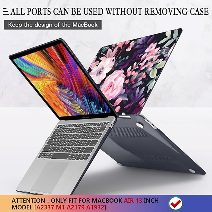 CISSOOK Compatible with MacBook Air 13 inch Case M1 2021 2020-2018 Release Model A2337 A2179 A1932, Flower Plastic Hard Shell Case Black Cover for MacBook Air 13 inch with Touch ID- Pink Flowers