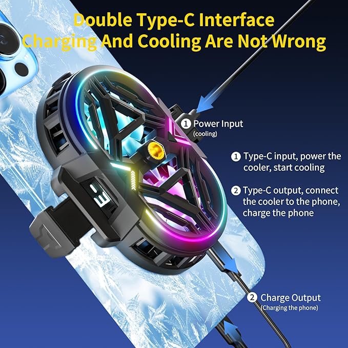 Cell Phone Cooler with LED, Cooling Power, Compatible with 2.5-3.5 Inch Wide Smartphones for Gaming, Live Streaming and Video Recording