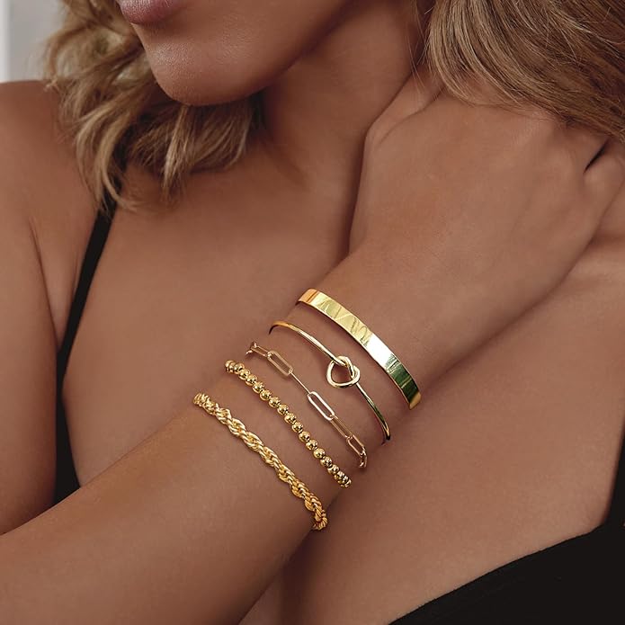 Gold Bracelets for Women 18k Gold Plated Bracelet Stack Bangle Cuff Bracelet Set for Women Non Tarnish Beaded/Paperclip/Cuban Link Chain Bracelets Jewelry for Women Trendy