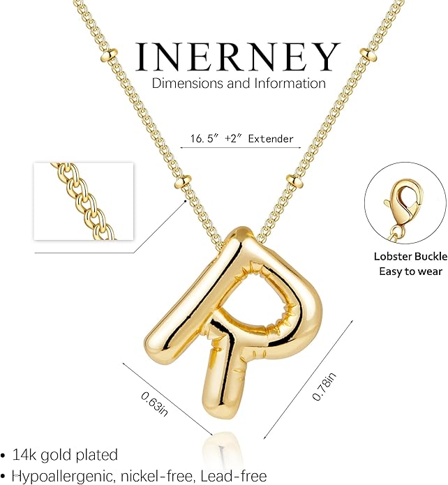 Inerney Valentines Day Gifts Gold Bubble Letter Necklace Initial Necklaces for Women, Chunky 14K Plated Balloon Initials, Trendy Charm Non Tarnish Custom Name Pendant Jewelry Gifts for Mom