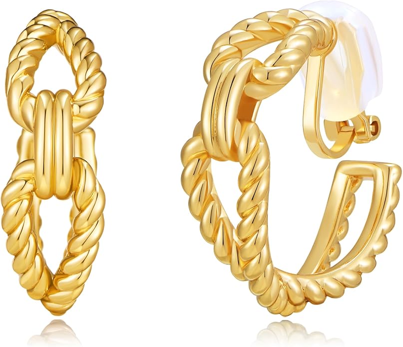 Gold and Silver Mixed Metal Clip-On Earrings Two Tone Clip-On Earrings Chunky Twist Open Hoops Earring Fashion Jewelry