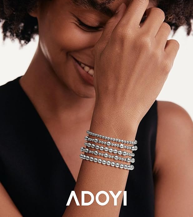 adoyi Gold Bracelets for Women Beaded Bracelet 14K Gold Plated Bracelet Stack Strand Stretch Bead Ball Bracelet Set Stackable Bracelet Adjustable Bracelet Set Jewelry for Gifts