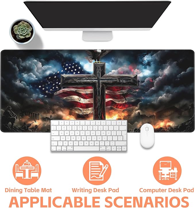 Mouse Pad Large A Cross with an Eagle Non-Slip Game Desk Mat with Stitched Edge Laptop Keyboard Desk Pad for Work Home Gaming (35.4 x 15.7 Inches)
