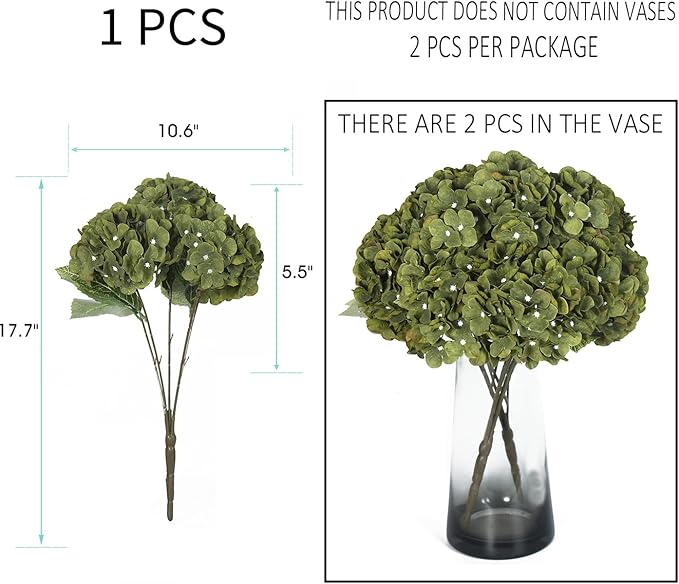 Kimura's Cabin 2Bouquets Green Fake Hydrangeas Flowers Vintage Artificial Silk Hydrangea Bouquets 10Heads for Home Table Centerpieces Wedding Party Decoration (Dark Green1 Pack of 2)