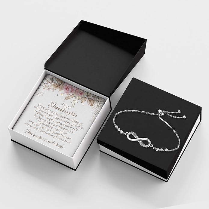 To My Granddaughter - Infinity Heart Bracelet Gift with Meaningful Card, Granddaughter Gifts from Grandma & Grandpa, Elegant Silver Jewelry for Birthday, Graduation, Christmas.