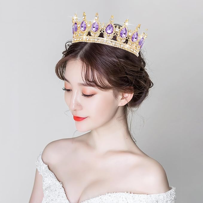 Queen Crown Rhinestone Wedding Crowns and Tiaras for Women Costume Party Hair Accessories Princess Birthday Crown Crystal Bridal Crown (Gold & Purple Crown)