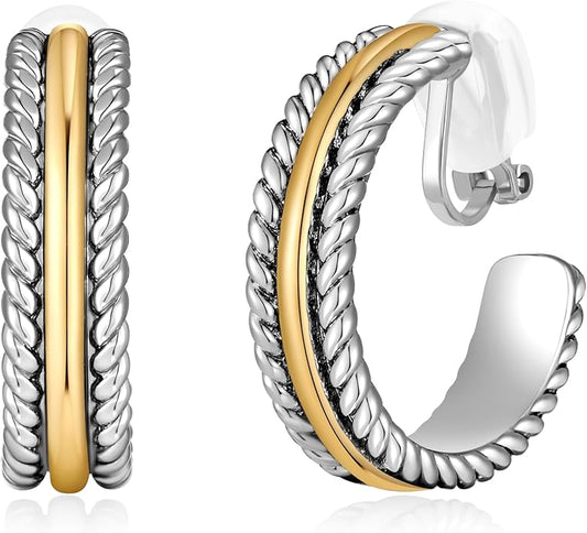 Gold and Silver Mixed Metal Clip-On Earrings Two Tone Clip-On Earrings Chunky Twist Open Hoops Earring Fashion Jewelry