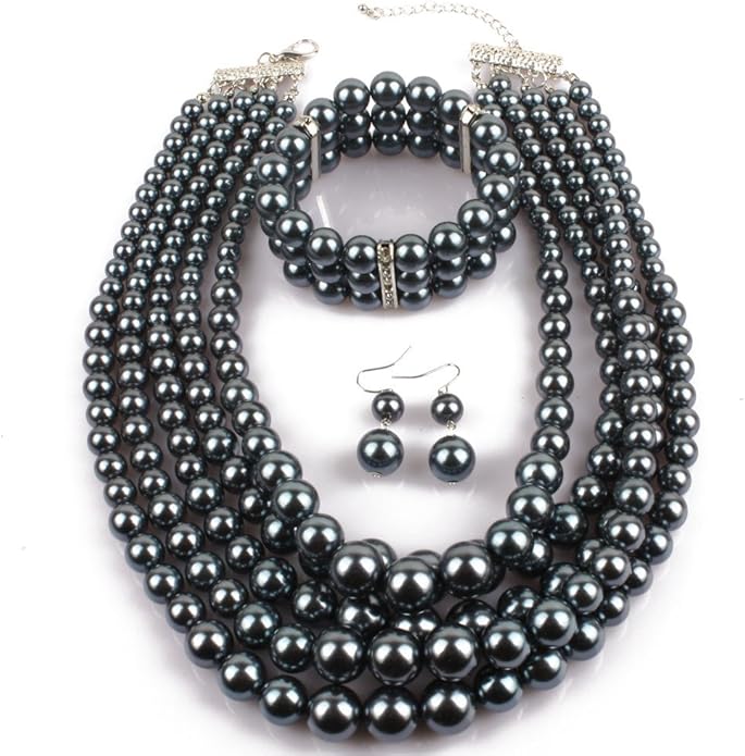 Exaggerated Imitation pearl multi-layer Necklace+bracelet+earring Large pearl necklace Wedding jewelry set for Women's and girls gifts（Multicolor optional）
