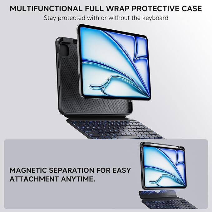 ONLY fit for iPad 12.9 inch Pro 6/5/4/3rd Gen & 13 inch iPad Air (2025 M3, 2024 M2) Case with Detachable Keyboard Trackpad, 360 Rotate Cover Pencil Holder 12 Shortcut Key 7 Color Backlit, Black