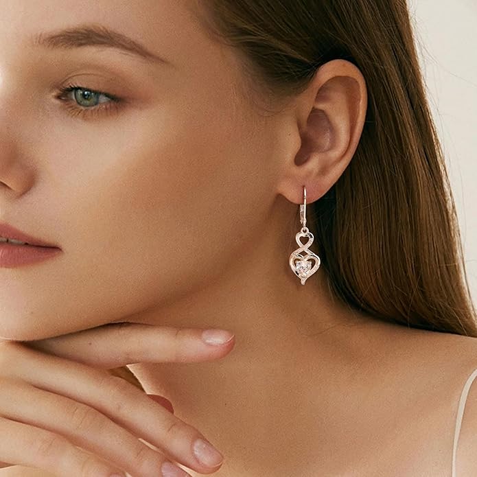Sterling Silver Dangle Earrings for Women Trendy Hypoallergenic Leverback Silver Drop Earrings with Cubic Zirconia Double Twisted Infinity Heart Ball Charm Dangle Drop Earring Jewelry