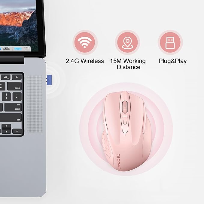 TECKNET Rechargeable Wireless Mouse, 2.4G Silent Mouse, Quiet Click, 6 Adjustable 4800 DPI, Cordless Computer Mouse, Ergonomic Mouse for Laptop, 6 Buttons USB-A Mouse for Chromebook, Ergo Grip - Pink