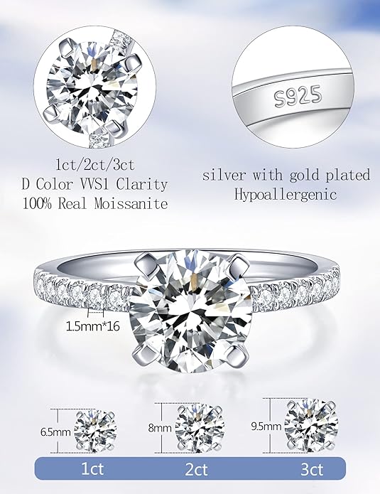 IMOLOVE Solitaire Moissanite Engagement Ring, 1CT D Color VVS1 Clarity, 925 Sterling Silver with 18K White Gold Plated, Ideal Gift for Women