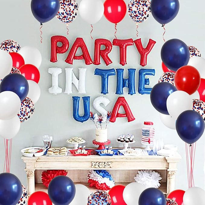 Fourth of July Balloons,55pcs 12inch Navy Blue Red White Latex Helium Balloons,Blue Red White Confetti Balloon for Independence Day Patriotic Anniversary Party Decoratio