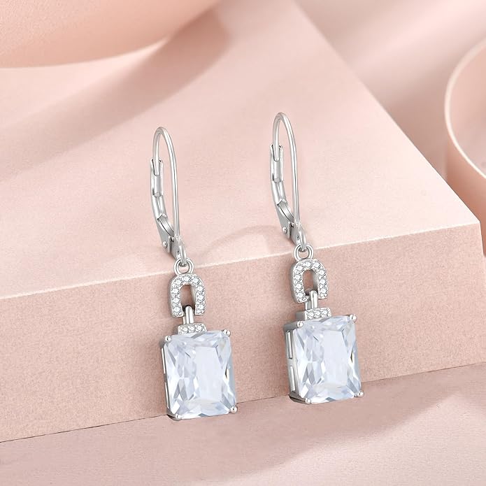 Emerald Cut Earrings 925 Sterling Silver Baguette Birthstone Dangle Drop Leverback Earrings Jewelry Gifts for Women