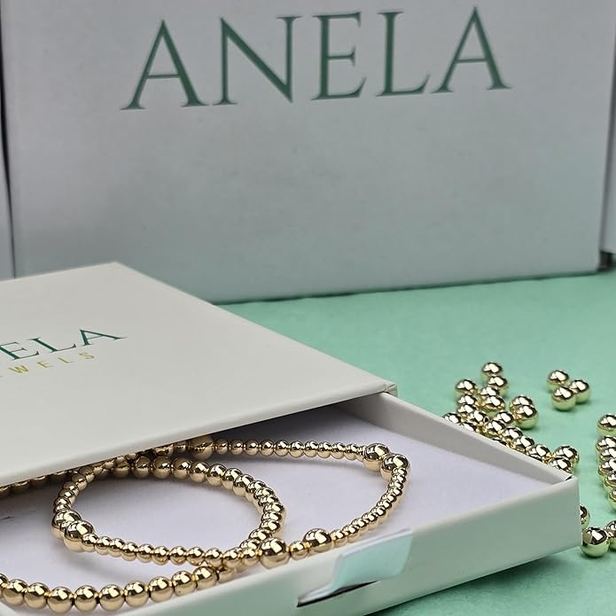 Anela 14kt Gold Filled Beaded Stretch Bracelet with Tube Pendant, Tarnish Free Water Resistant Stacking Jewelry for Women