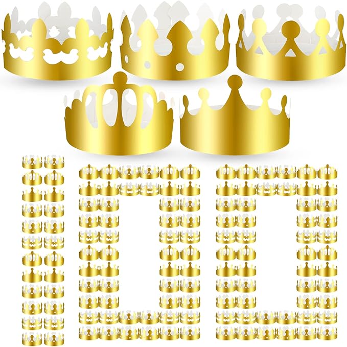 Crtiin 100 Pcs Gold Paper Crowns Birthday Party Bulk for Adults Classroom Students Hat Supplies Favors (Stylish Style)