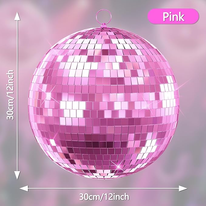 12"/16"/20" Mirror Disco Ball with Hanging Ring, for DJ Club, Party,Live Stage for Easy Installation, Disco Ball Mirror Balls Light Effect Mirrors Balls with Hanging Ring(Golden, Pink) 16inch Pink