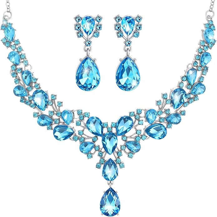 Hicarer Bridal Teardrop Cluster Crystal Jewelry Set for Women Necklace Earrings Wedding