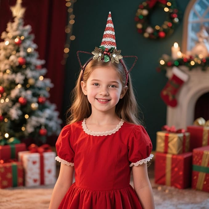 Glittering Christmas Unicorn Headband with Red White Sequined Horn, Hollow-Out Ears, Green Leaves, Red Bells & Gold Flowers - Christmas Cosplay Hairband Festive Party Hair Accessories for Women