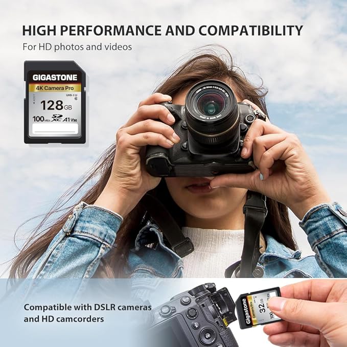 [5-Yrs Free Data Recovery] GIGASTONE 128GB SD Card with USB Type C Card Reader, 4K Camera Pro, A1 V30 U3 SDXC Memory Card Compatible with Canon Digital Camera, with 1 Mini case