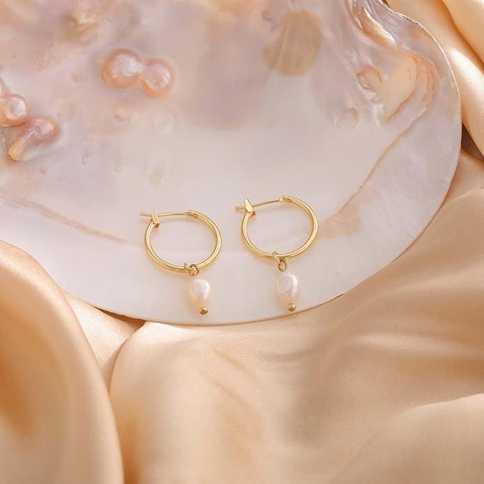 Gold Pearl Dangle Earrings for Women, 14K Gold Plated Small Pearl Drop Huggie Hoop Earrings, Hypoallergenic Dainty Gold Earrings Wedding Jewelry Gifts for Women Trendy