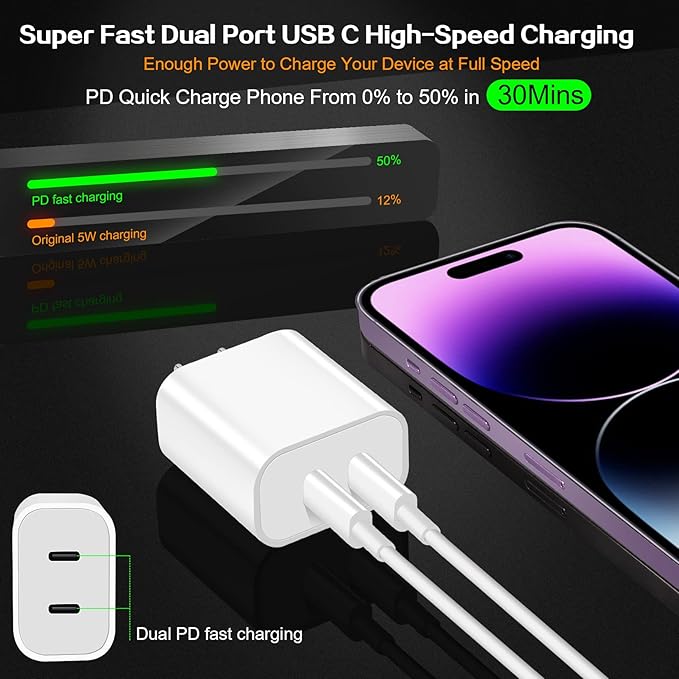 Fast iPhone Charger,Dual Port USB C iPhone Charger Fast Charging Block,2Pack Double Type C Apple Wall Charging Adapter Plug,4Pack Quick USB C to Lightning Cable for iPhone 14Pro/13/12/11/MiNi/XS/XR/SE