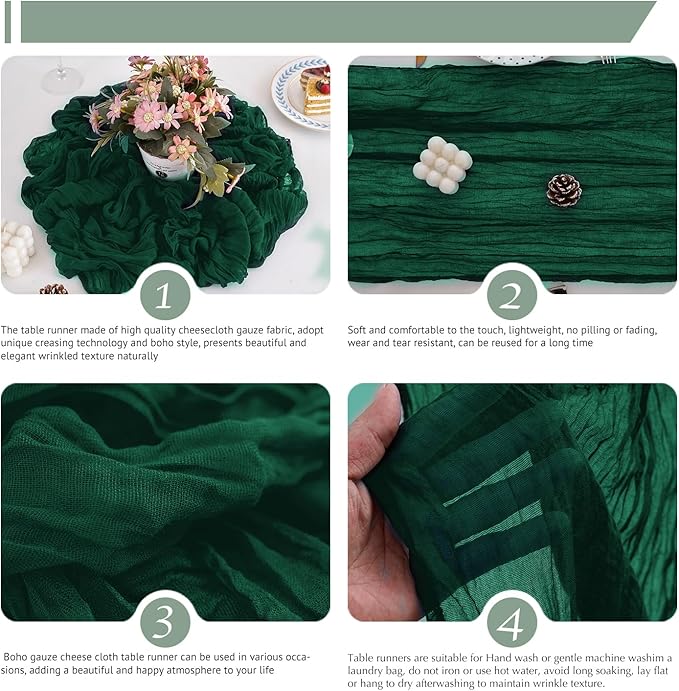 10 Pack Emerald Green Table Runner 120 Inch Cheesecloth Table Runner 10FT Boho Gauze Table Runner Long Cheese Cloth Table Runner Semi Sheer Runners for Wedding Bridal Baby Shower Party