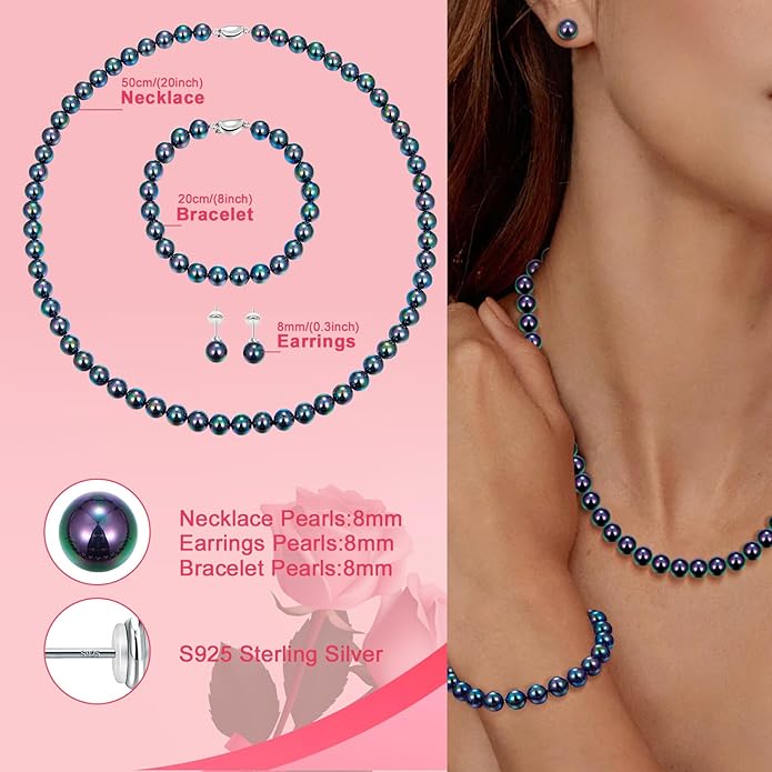 Pearl Necklace and Earring Set Include Stunning Bracelet, Pearl Jewelry Set for Women with Preserved Rose Box