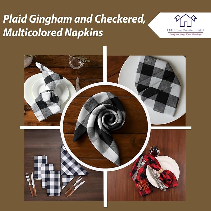 LFH Home 100% Cotton Cloth Reusable Dinner Napkins Set of 12 Washable Soft Decorative Buffalo Plaid Gingham and Checkered Table Napkins for Holidays Wedding Farmhouse Decor 18x18 Inch-Black & White