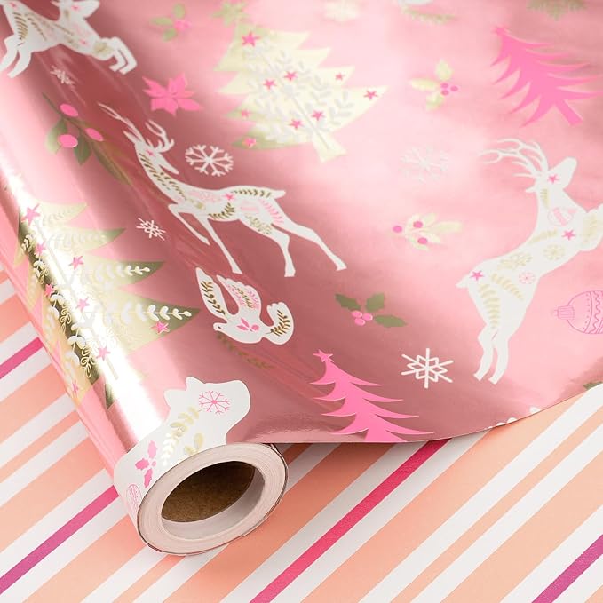 RUSPEPA Christmas Reversible Wrapping Paper Roll for Girls, Jumbo Roll, Rose Gold Foil Reindeer, Polar Bear, Tree, Floral Design, Pink White Stripes Gift Wrap for Holiday Gifts, 30 Inches x 32.8 Feet