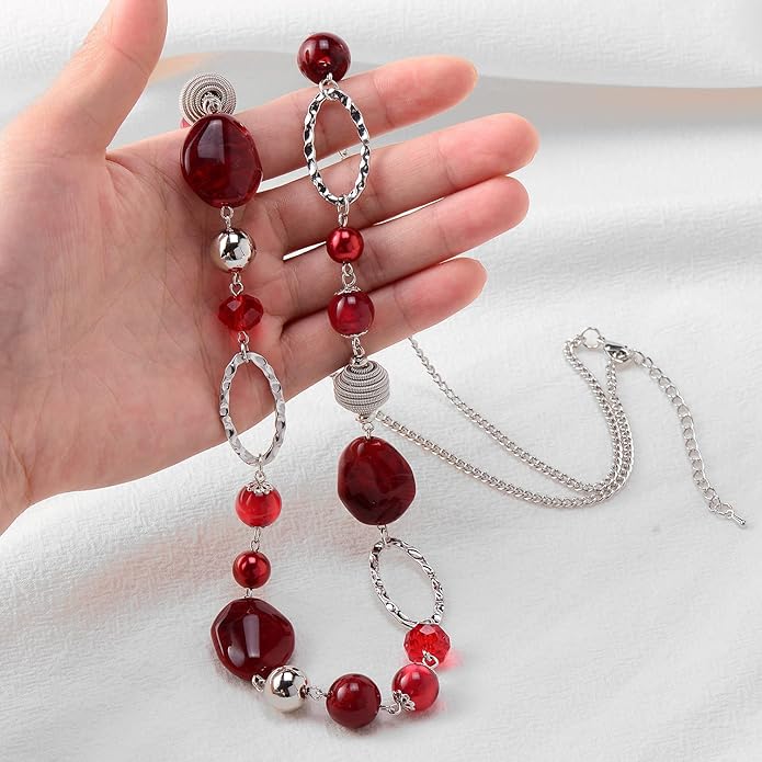 BULINLIN Beaded Long Necklace for Women Silver Sweater Chain Necklace with Crystal Resin Beads, Fashion Jewelry Necklace