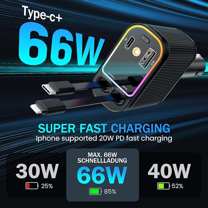 Car Charger with Starlight, 66W USB C Fast Car Charger Adapter, 4 in 1 Retractable Car Chargers with 2 USB Ports for iPhone 15/14/13/12/11 and for Android (Dark Black)
