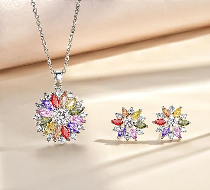 VONSSY Colorful Snowflake Pendant Necklace Earrings Rose Gold 5A Cubic Zirconia | Crystal Sweater Chain | Multi Gemstone Garnet Amethyst Morganite Peridot Prom Rhinestone Necklaces for Women Vintage Stylish Gift