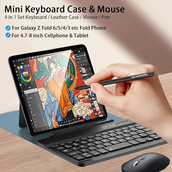 for Samsung Galaxy Z Fold 7 6 5 Keyboard and Mouse, Portable Mini 7.9 inch Bluetooth Keyboard with Leather Case and Capacitive Pen, 4 in 1 Set for Z Fold7 6 Accessories,Green