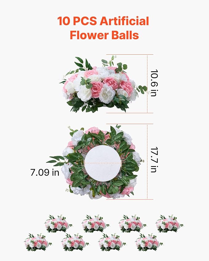 VEVOR Flower Ball Arrangement Bouquet 10 PCS, 17.7-Inch Diameter Artificial Flower Balls Wedding Table Centerpieces, Rose Arrangements for Wedding Centerpiece Home Decorations, Pink and White Roses