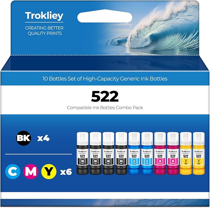 522 Ink Refill Bottles ET-2800 ET-4800 ET-2400 ET-2803 Ink Refill Replacement for 522 Ink Bottles for ET-2840 ET-4700 ET 2800 ET 4800 ET 2400 ET 2803 ET-4810 ET-2720 Printer 10 Pack (Not Subli Ink)